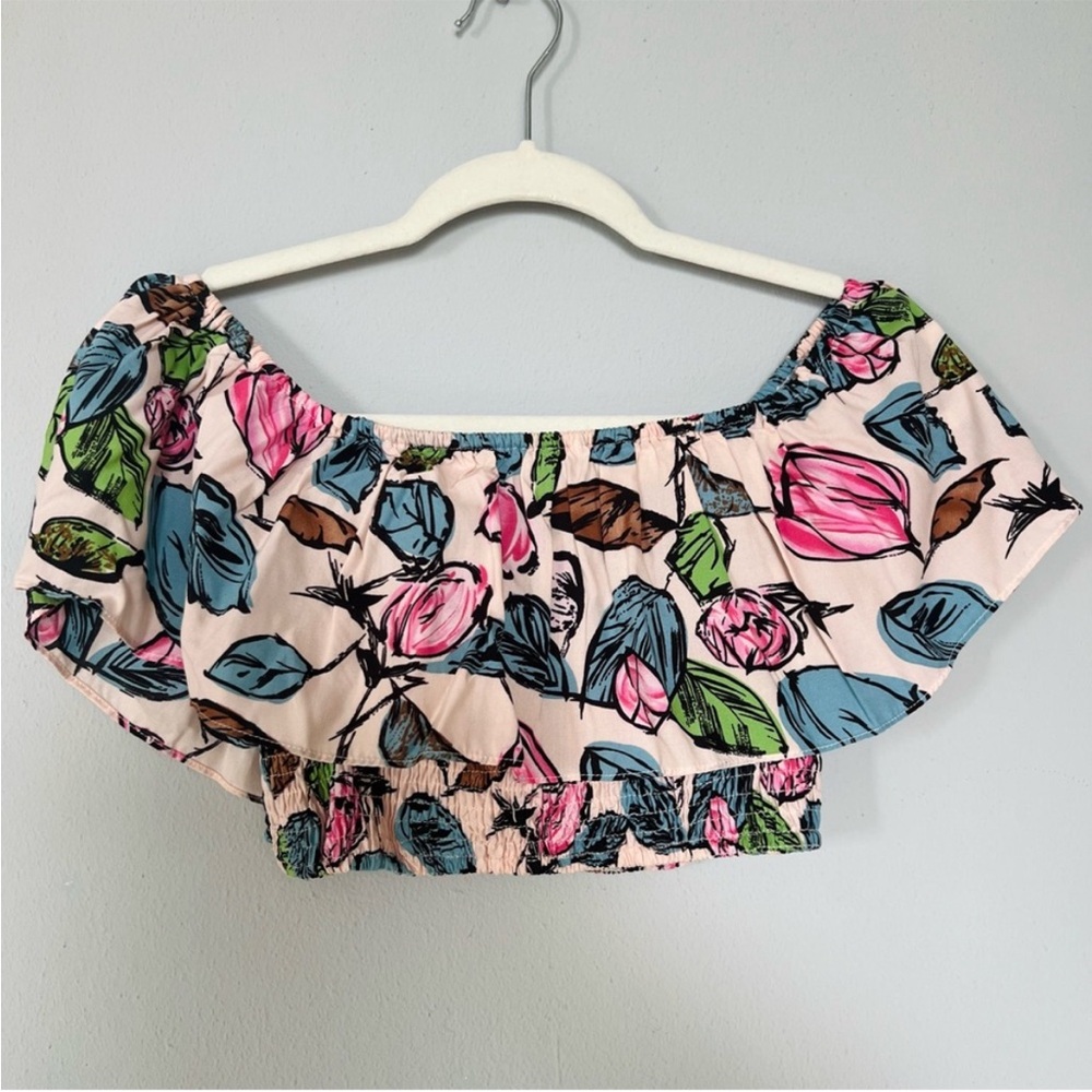 VALIJA GITANA Floral Off-shoulder Layered Ruffle Crop Top | S | Green Blue Pink